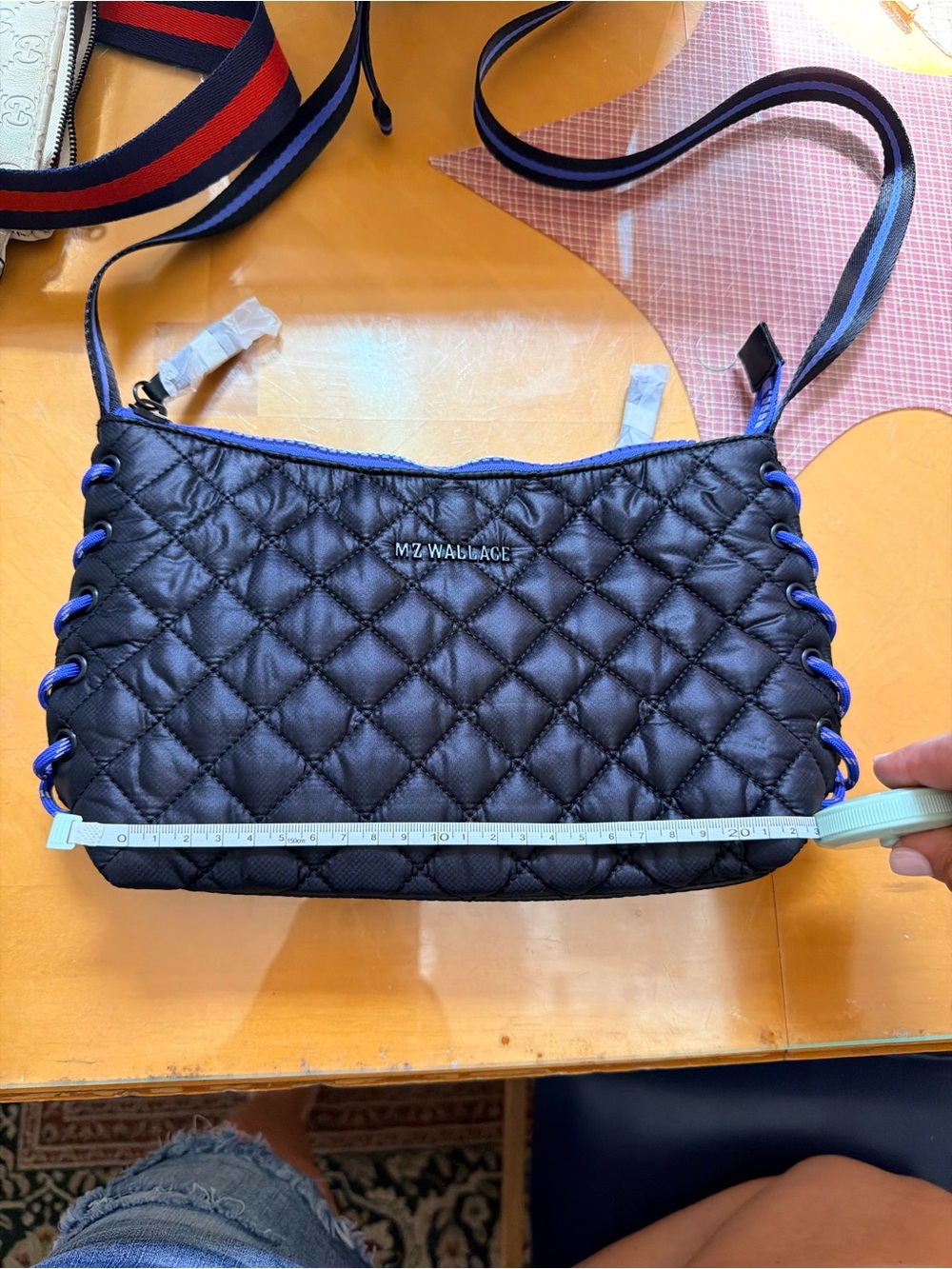 MZ Wallace Quilted Black crossbody with Laced Blue Trim